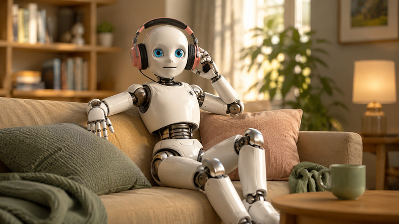En robot sitter i en skön soffa i en trivsam hemmiljö och lyssar i stora hörlurar (AI-genererad bild).